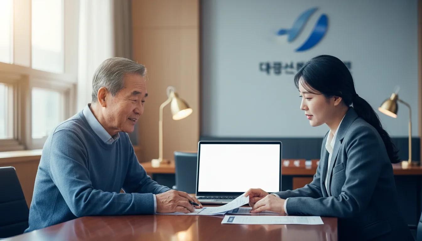 국민연금공단 직원이 치매 어르신과 가족에게 재산관리 서비스를 상담하는 모습