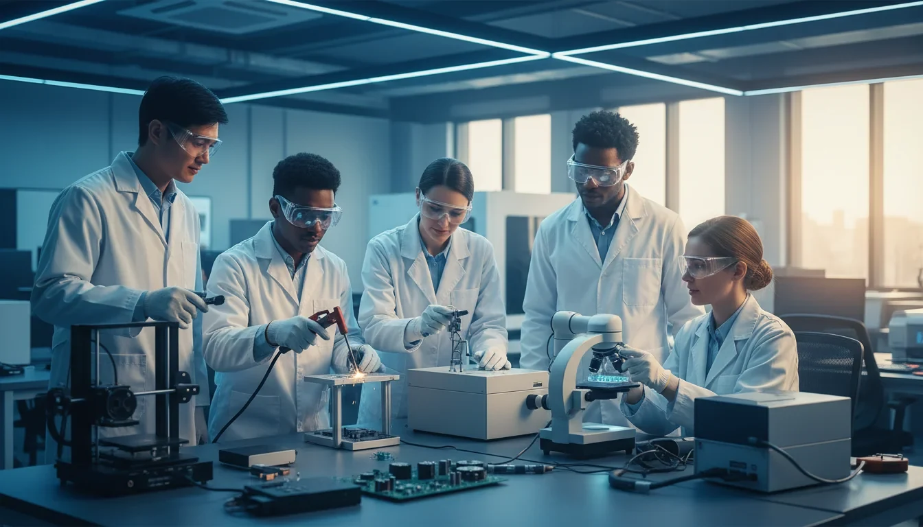 다양한 배경의 학생들이 한국폴리텍대학 실습실에서 용접, AI 시스템, 의료공학 장비를 다루며 기술 교육을 받고 있는 모습