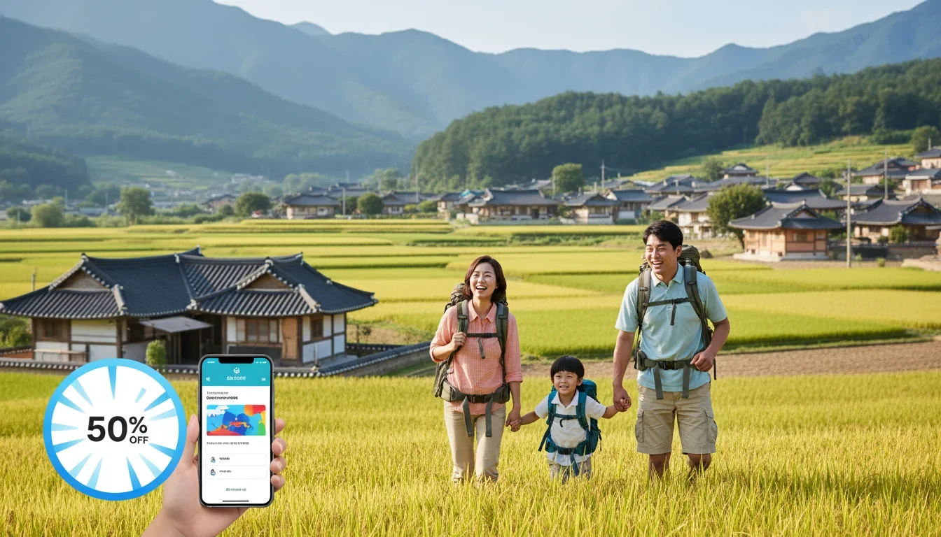 한국 농어촌 인구감소지역 마을 풍경 앞에서 여행객이 모바일 지역사랑상품권을 확인하는 모습