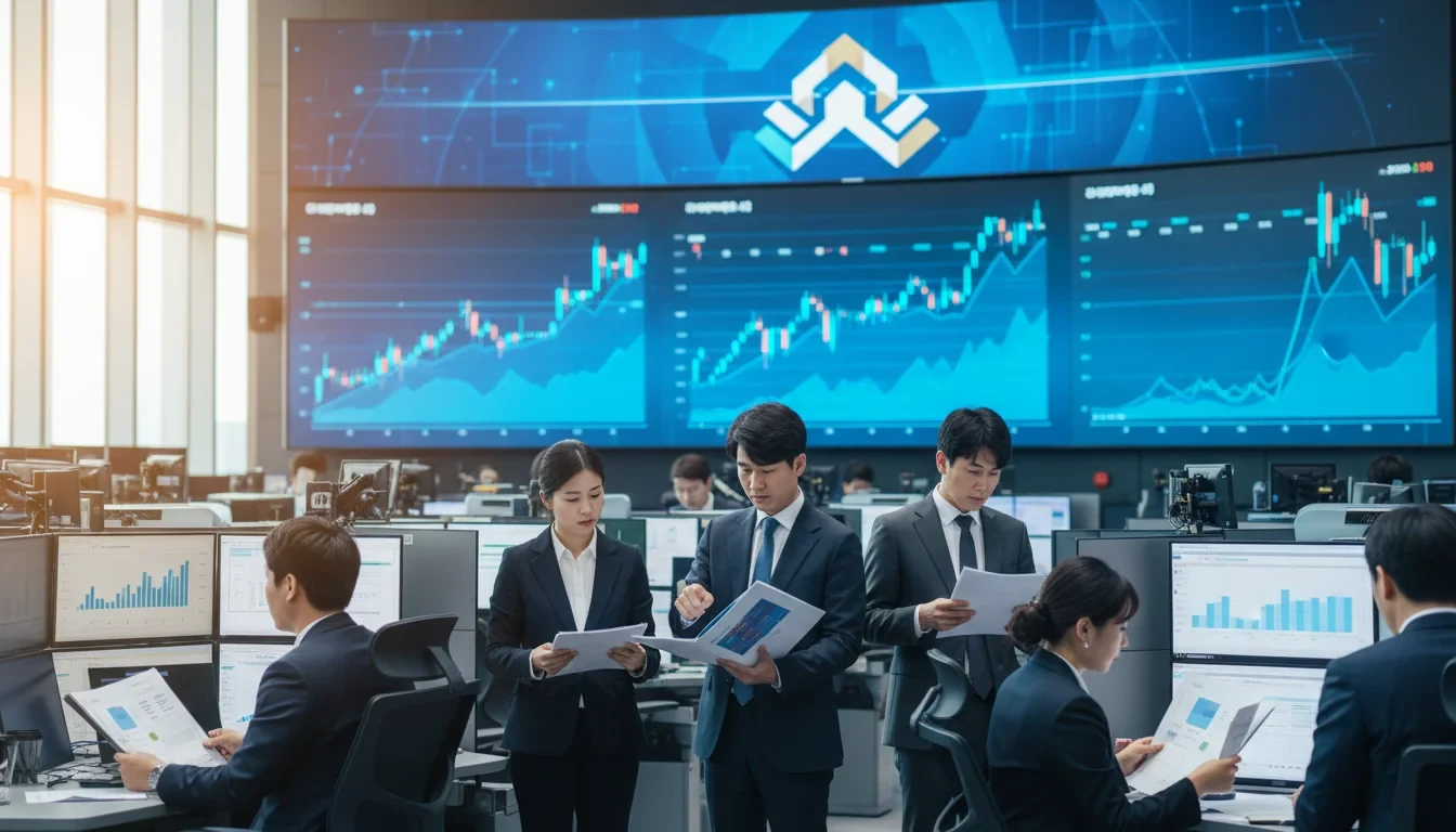 삼성전자와 SK하이닉스 로고가 표시된 증권 전광판 앞에서 투자자가 단일종목 레버리지 ETF 상품 안내문을 살펴보는 장면