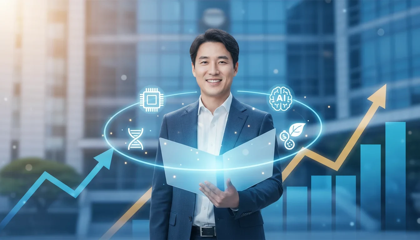 국민참여형 국민성장펀드 가입 안내 화면과 반도체·AI 등 첨단산업 투자 포트폴리오 구조도
