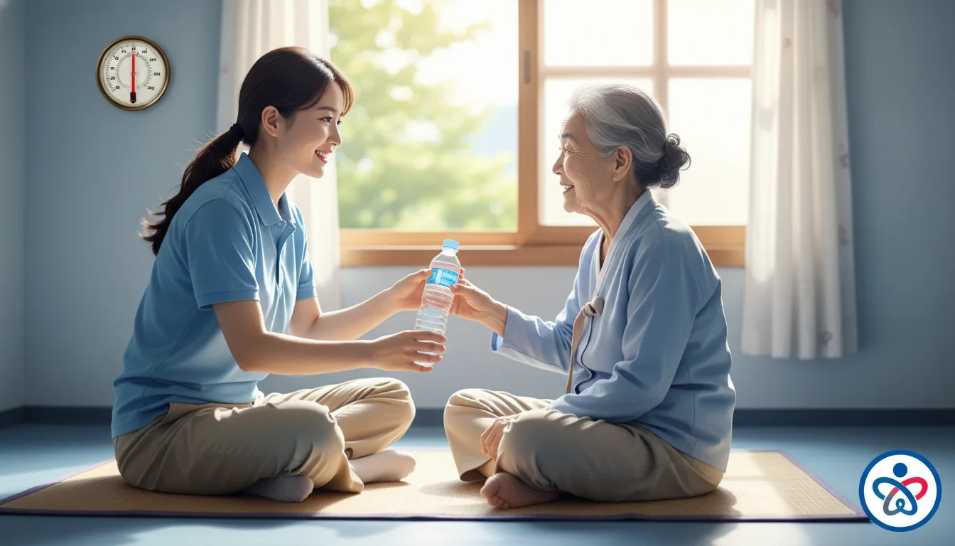 폭염 경보가 발령된 여름날, 사회복지사가 독거노인 가정을 방문하여 안부를 확인하는 장면