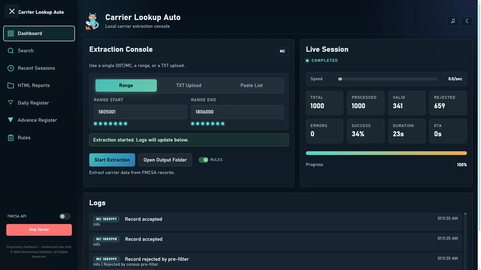 Carrier Lookup Smart dashboard overview