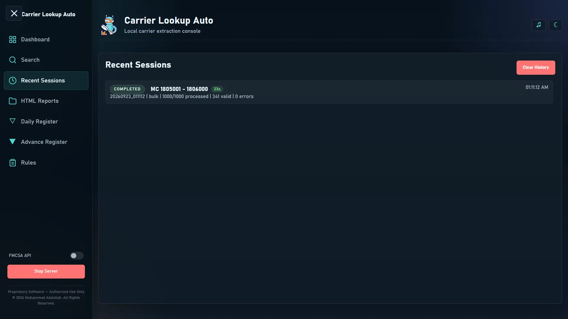 Recent sessions list