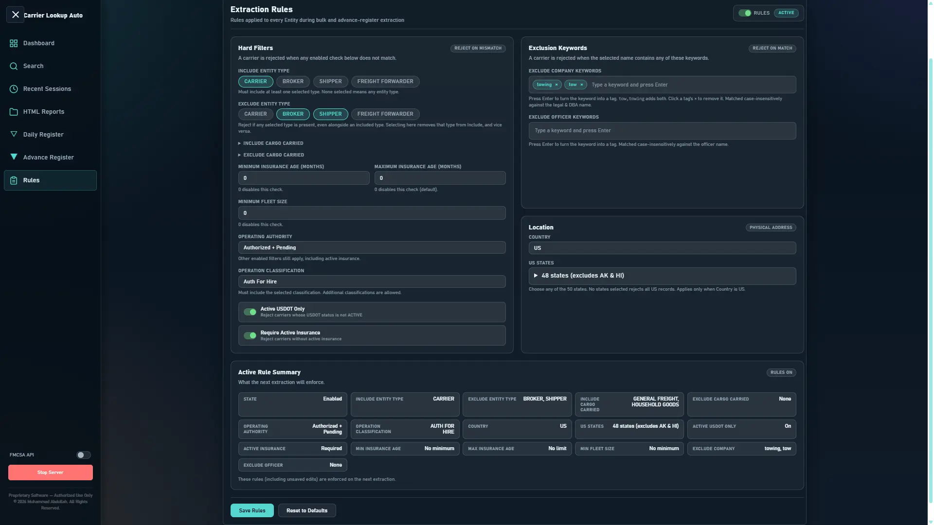 Extraction rules page