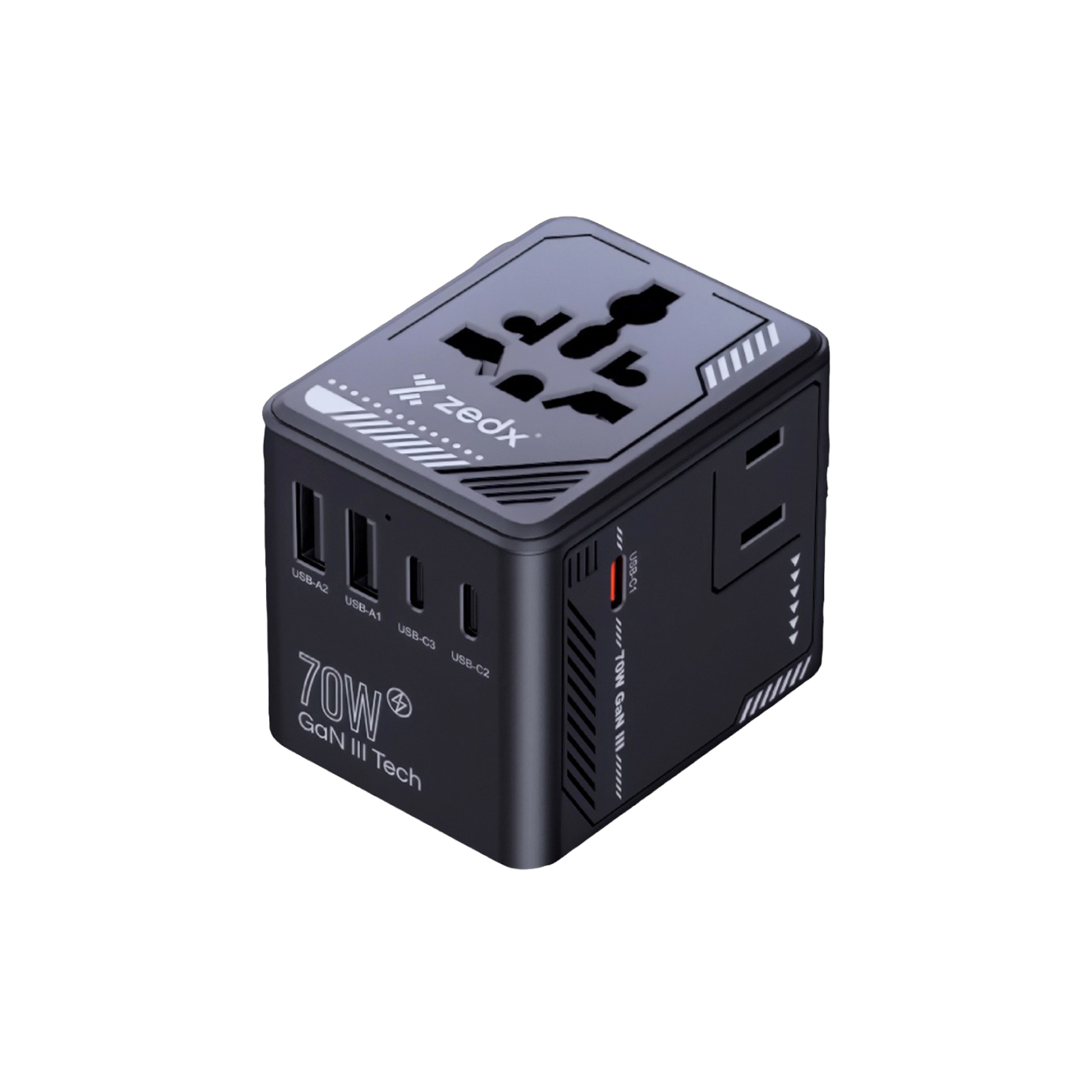70W GaN World Travel Adapter with 2 AC Sockets – 3 Type-C & 2 USB-A Universal Fast Wall Charger