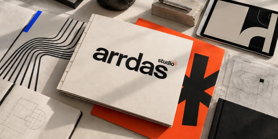 Arrdas Studio portfolio concept with cream stationery, orange artwork, and geometric design studies