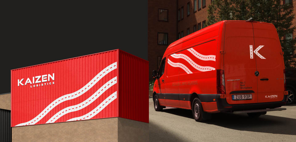 Kaizen red sign and delivery van with white road graphics
