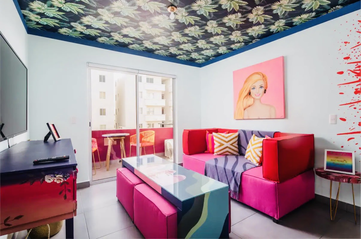 Bright, colorful furnished living room