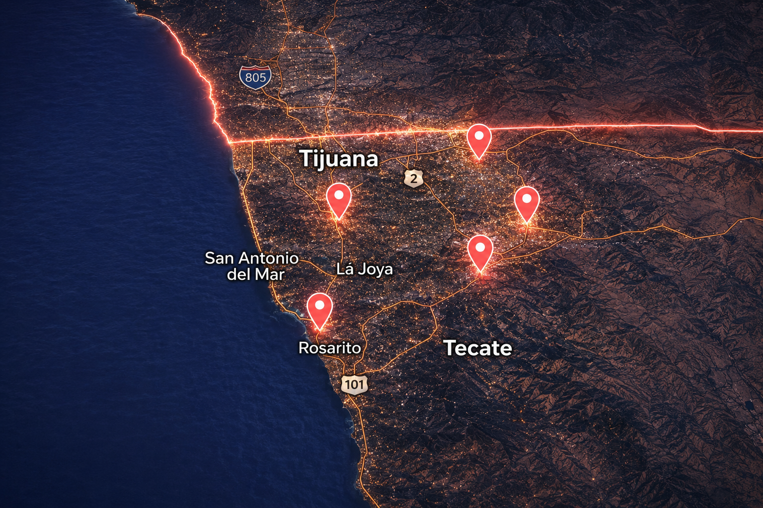 Mapa de naves industriales en renta en Tijuana — zonas El Florido, Otay, Corredor Pacífico Industrial, Corredor Alamar, Corredor Tijuana-Rosarito 2000 y La Encantada
