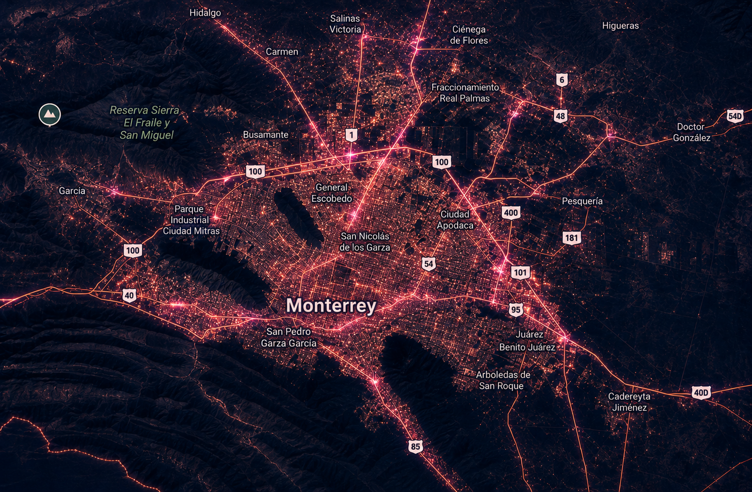 Mapa de bodegas en renta Monterrey — Apodaca, Pesquería, Santa Catarina, García, Escobedo, Ciénega de Flores, Salinas Victoria