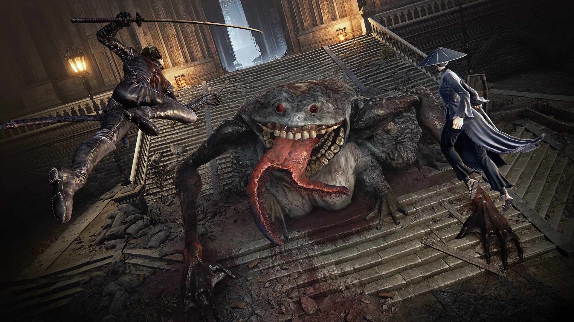 Bloodsworn duel with pistol and blade beneath a Gothic clock tower in The Duskbloods on Nintendo Switch 2