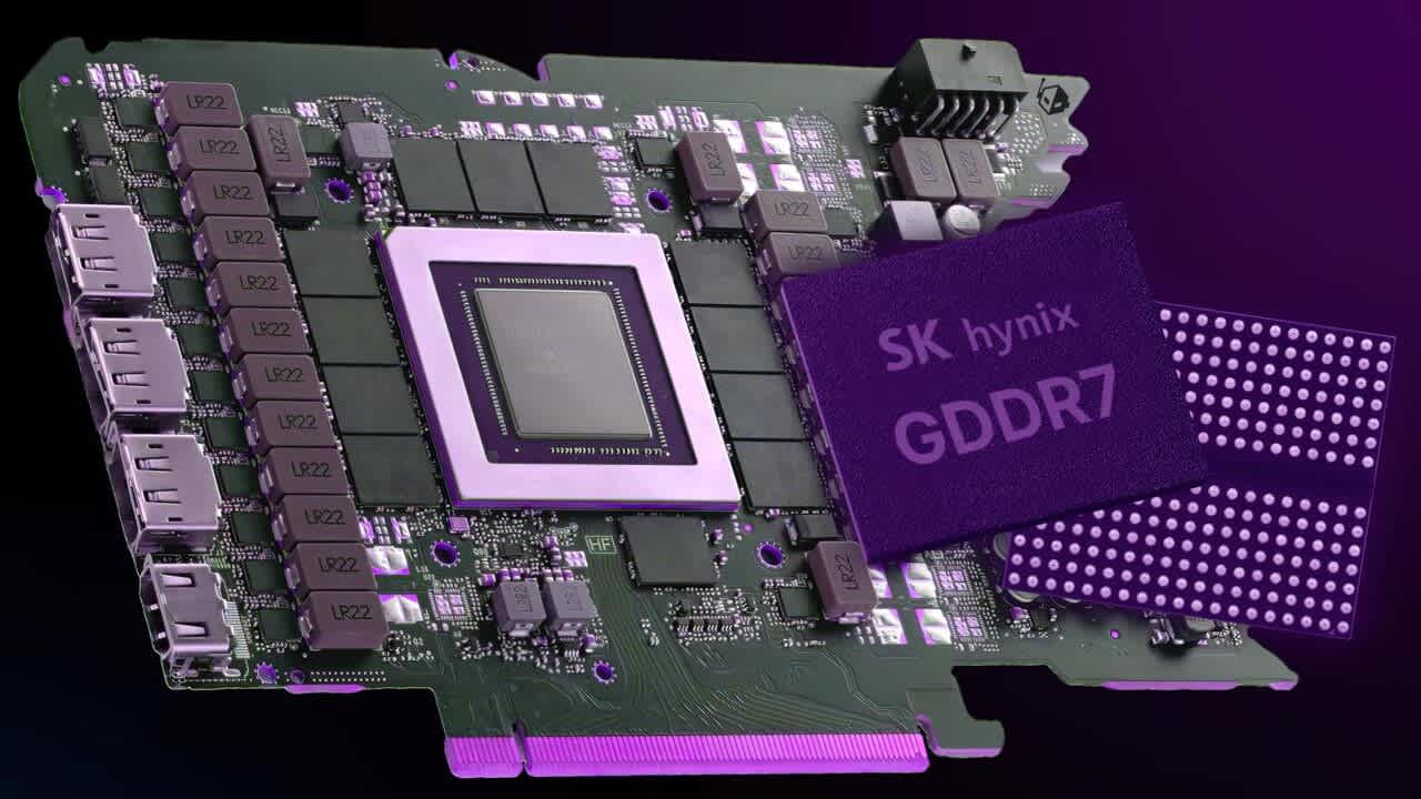Close-up of GDDR7 memory chips arranged around the GPU die on a graphics card circuit board