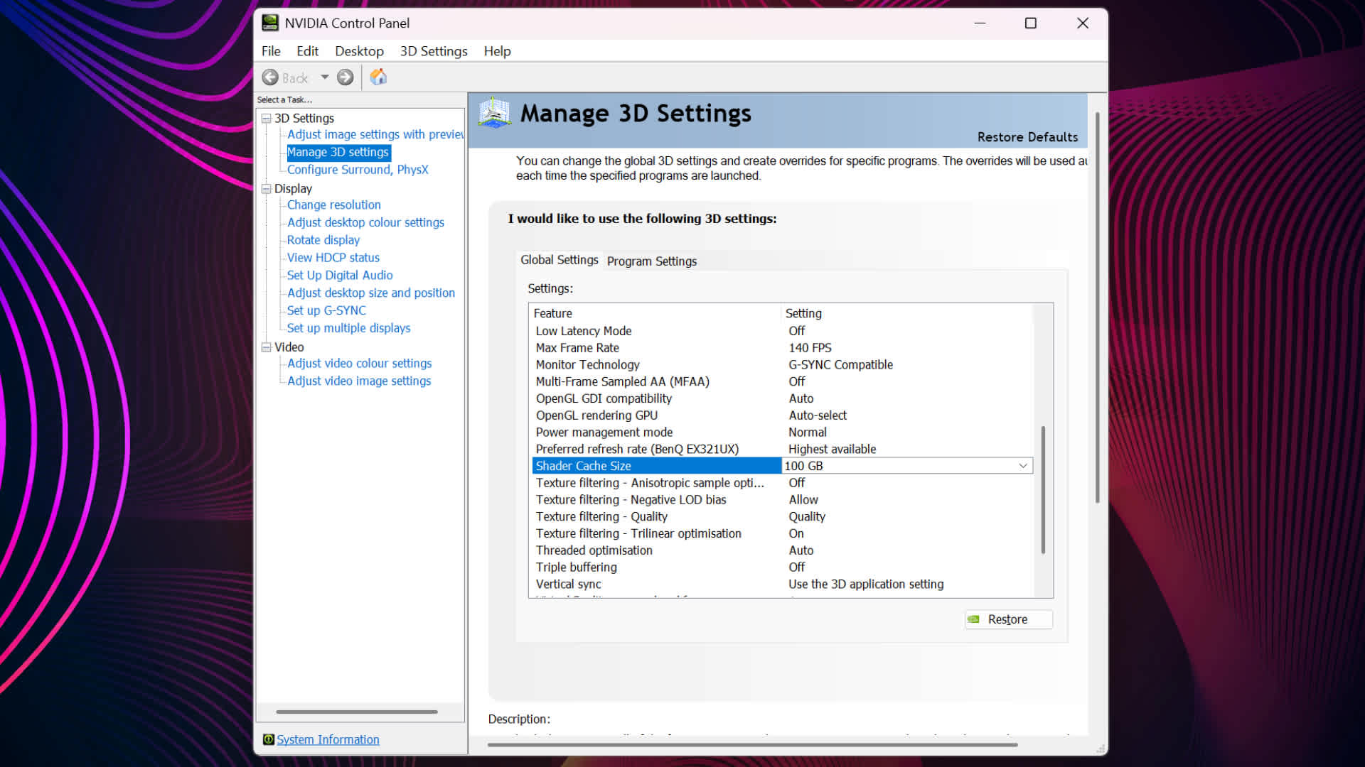 Nvidia Control Panel showing the shader cache size setting raised above its default value