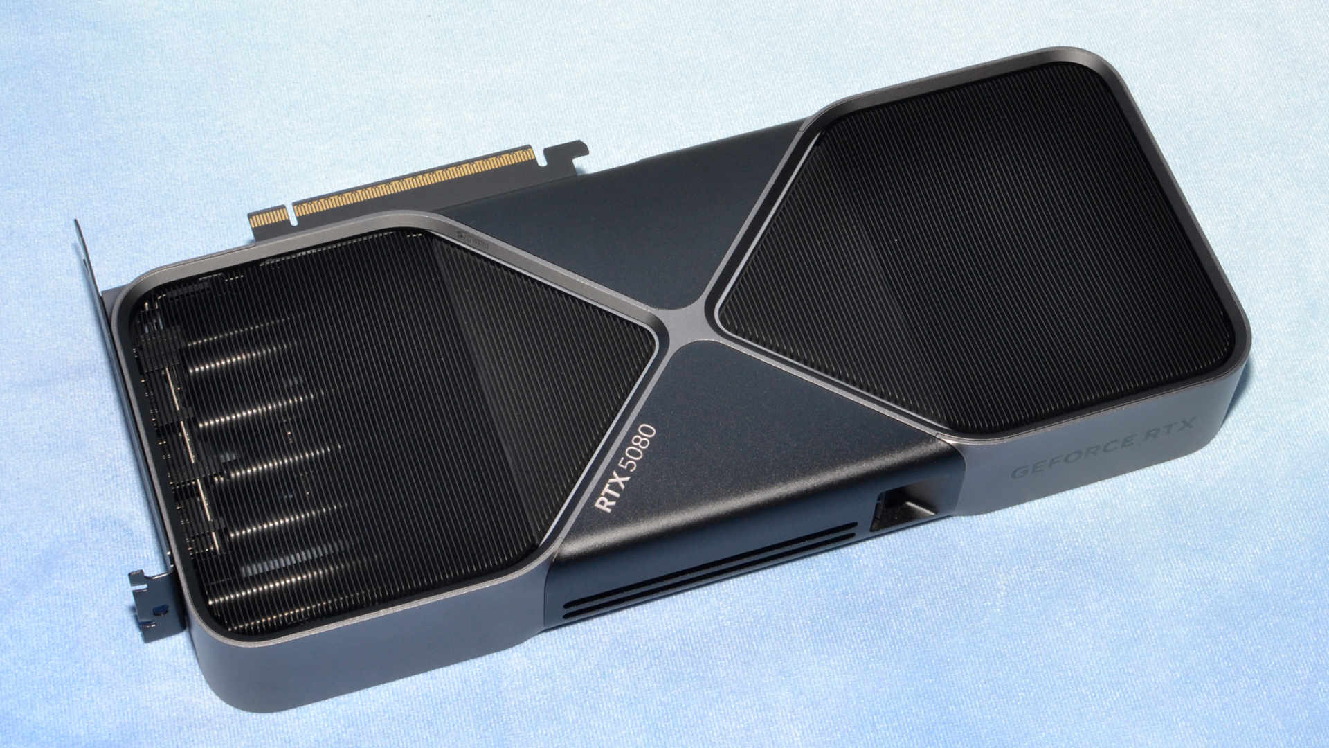 Nvidia GeForce RTX 5080 Founders Edition graphics card photographed from above before installation