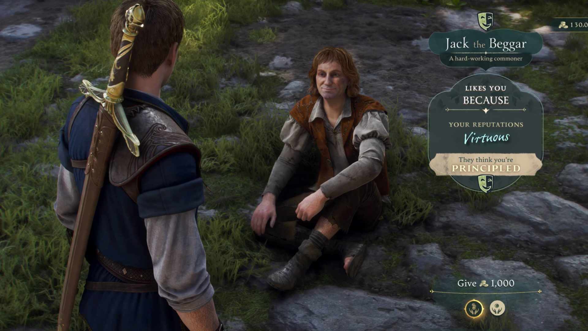 A player character standing over a seated villager named Jack the Beggar, with an on-screen panel saying he likes the player because their reputation is virtuous