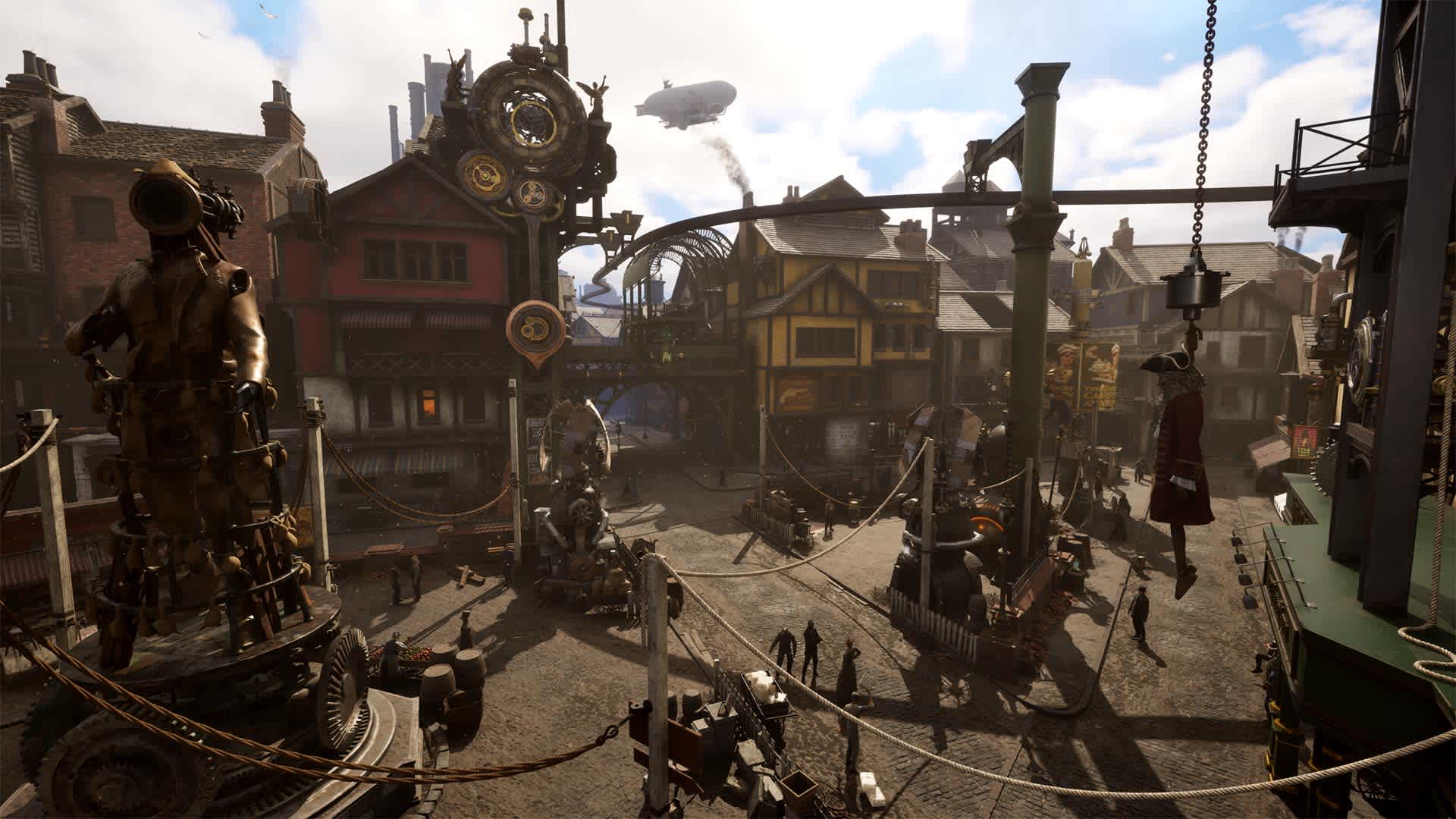 The steampunk metropolis of Avalon with overhead steam trains and brass architecture in Clockwork Revolution