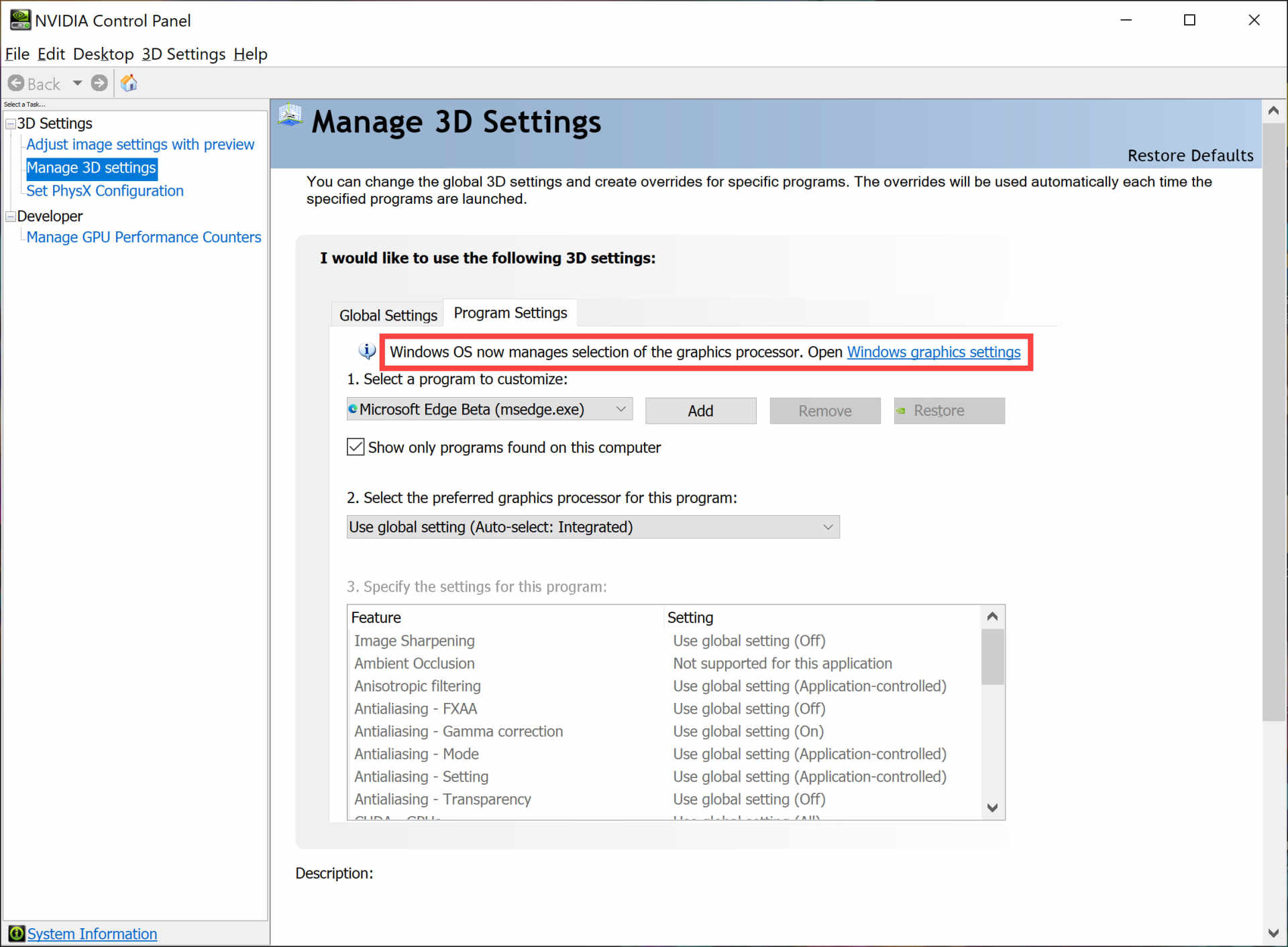 Windows 11 graphics settings page assigning a game to the high performance GPU