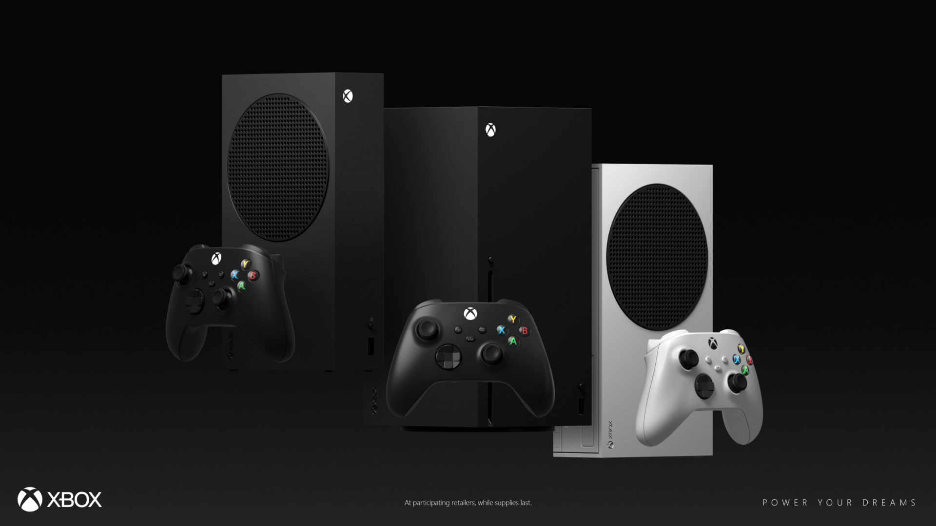 A black Xbox Series S, an Xbox Series X and a white Xbox Series S standing side by side, each with a matching wireless controller, on a dark background