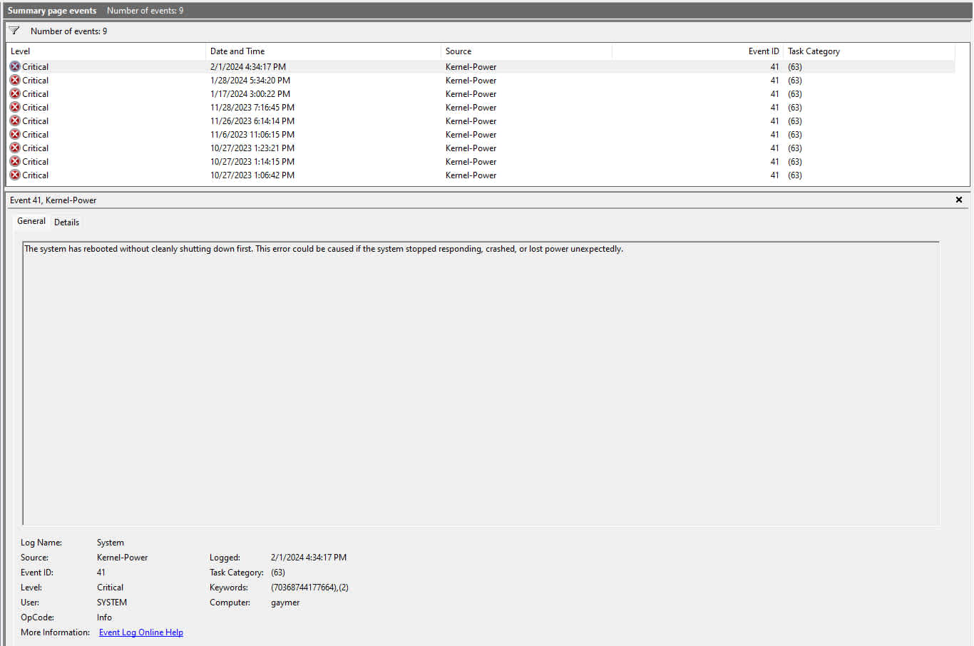 Windows Event Viewer showing a critical Kernel-Power event logged after an unexpected shutdown