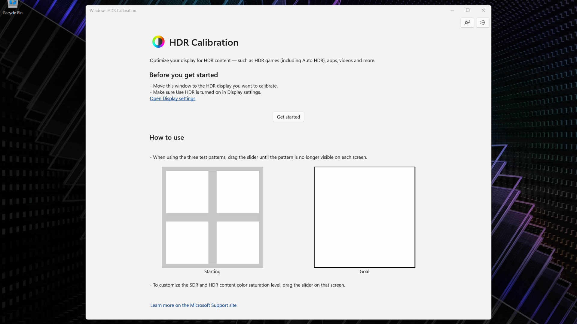 The Windows HDR Calibration app displaying a test pattern during the display setup process
