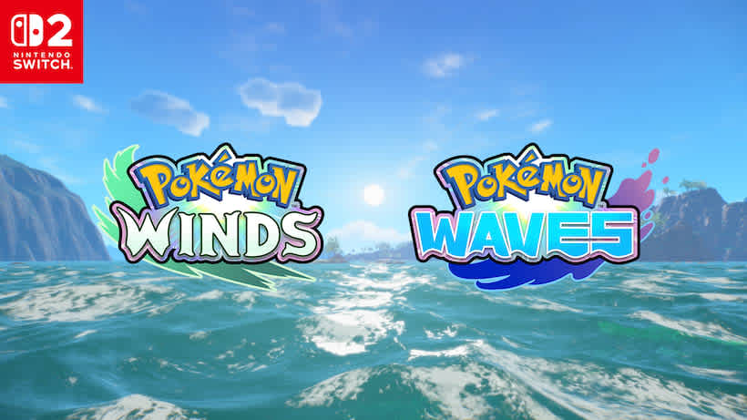 Pokemon Winds and Pokemon Waves logos over an open ocean scene with the Nintendo Switch 2 badge