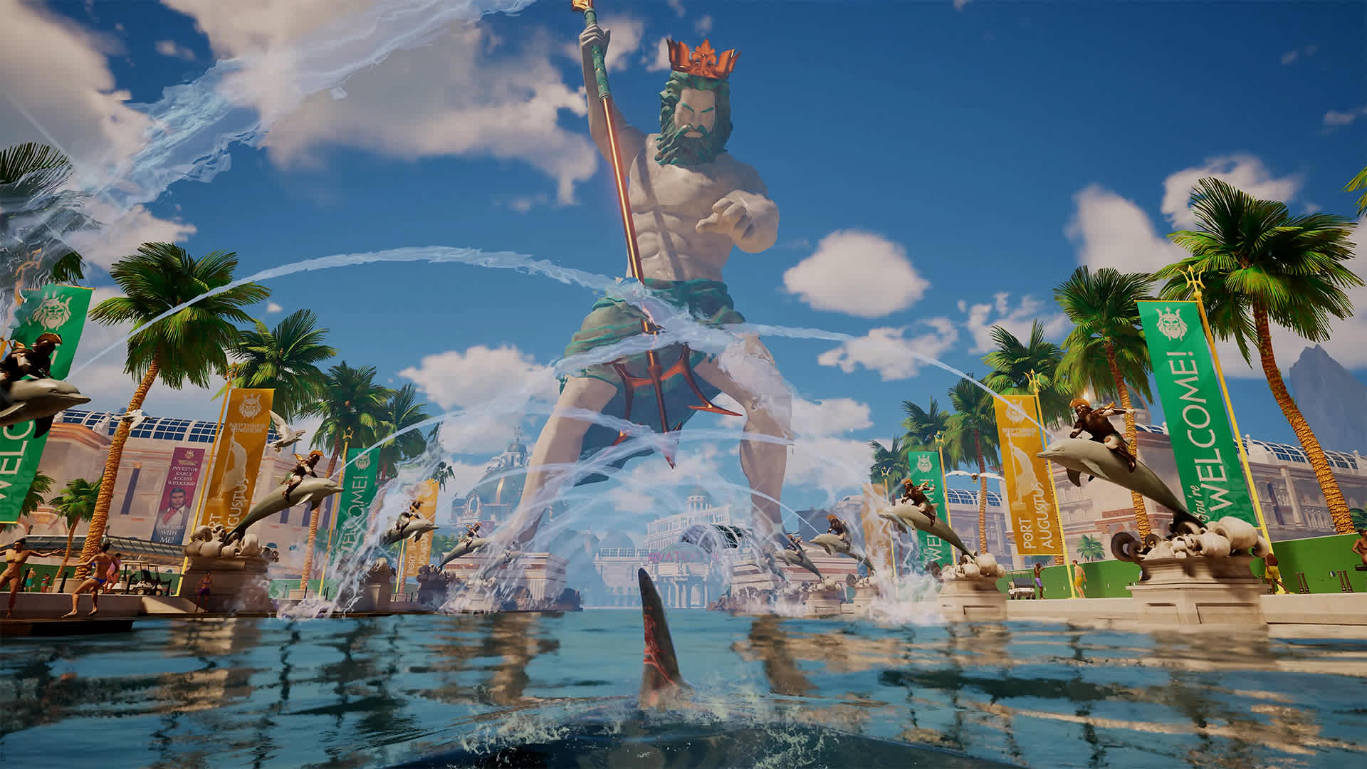 A shark fin cuts through the water toward a giant statue of Neptune holding a trident at the entrance to the Neptune's Kingdom theme park in Maneater 2