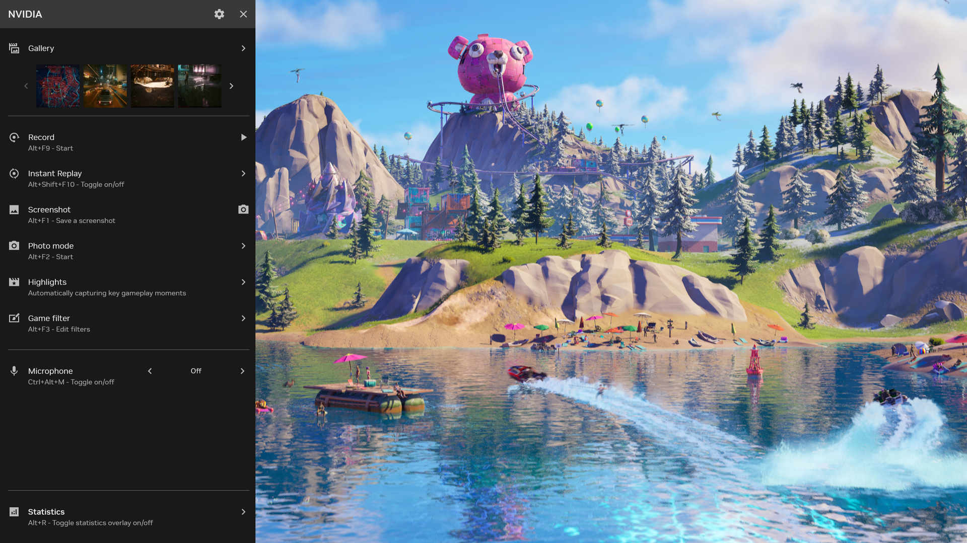 The Nvidia app in-game overlay over a Fortnite scene, listing Gallery, Record, Instant Replay, Screenshot, Photo mode, Highlights and Game filter