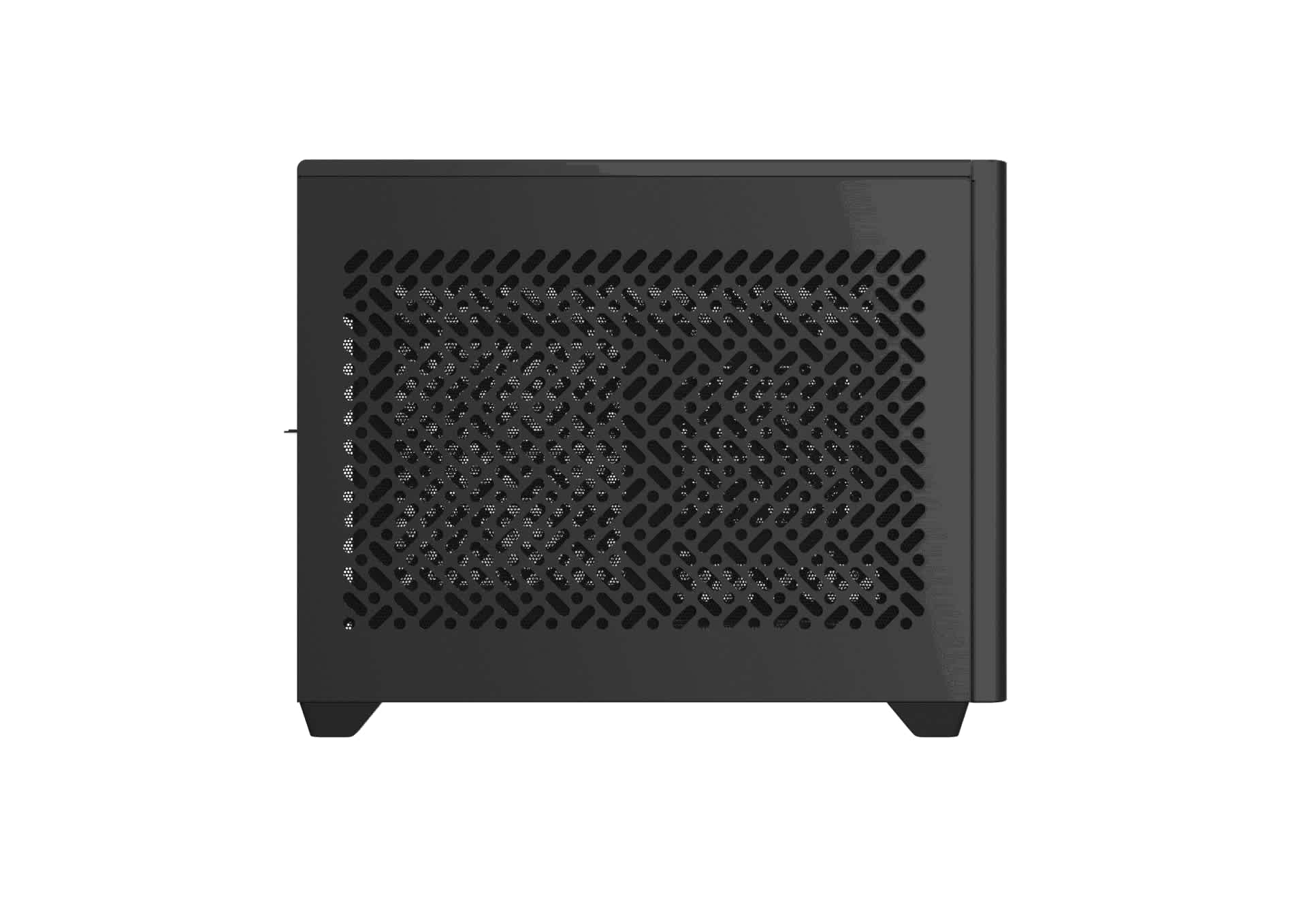 Cooler Master NR200P V2 mini-ITX case in black, seen side-on with its perforated steel side panel