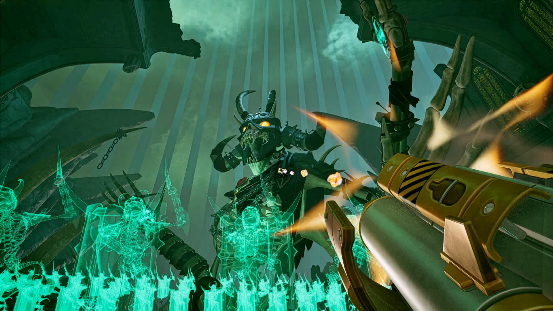 First-person view firing a minigun at a red two-legged biomechanoid in a jungle canyon while a co-op teammate as Retro Sam shoots beside you in Serious Sam: Shatterverse