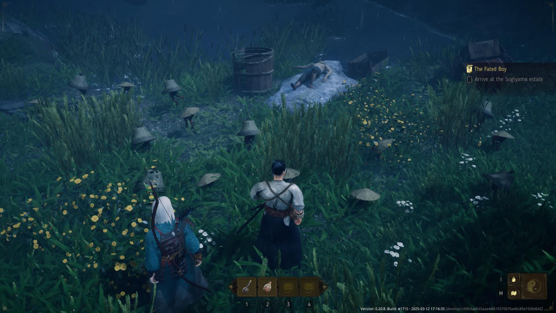 Satoru and Akira stand in tall grass by a river at night while straw-hatted figures surround a body on a rock, with the quest The Fated Boy on screen in Shadow of the Road