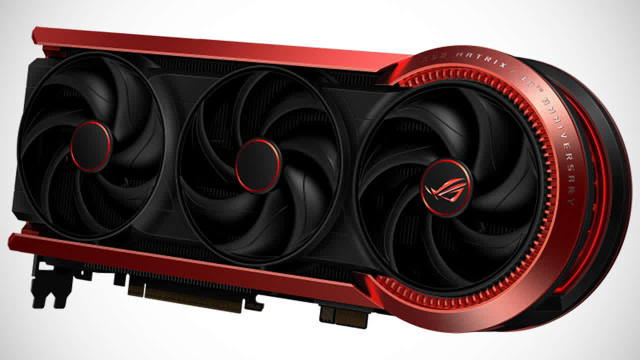 Product render of the ASUS ROG Matrix GeForce RTX 5090 30th Anniversary edition, a 32GB card with three black fans and a red frame