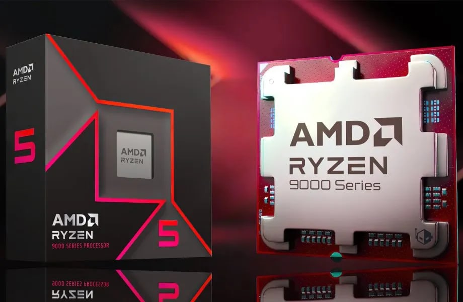 A red colored ryzen 5 9000 series processor with original box