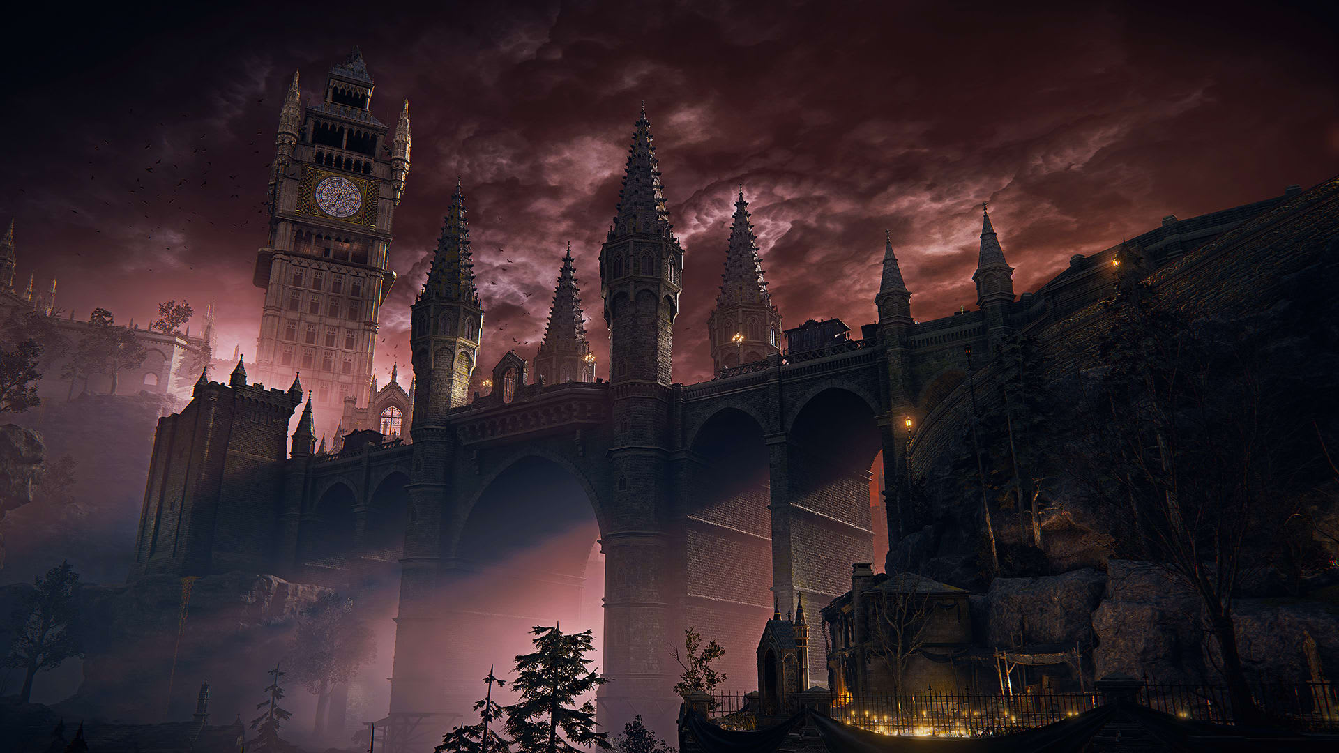 Gothic clock tower and viaduct under a deep red sky in The Duskbloods