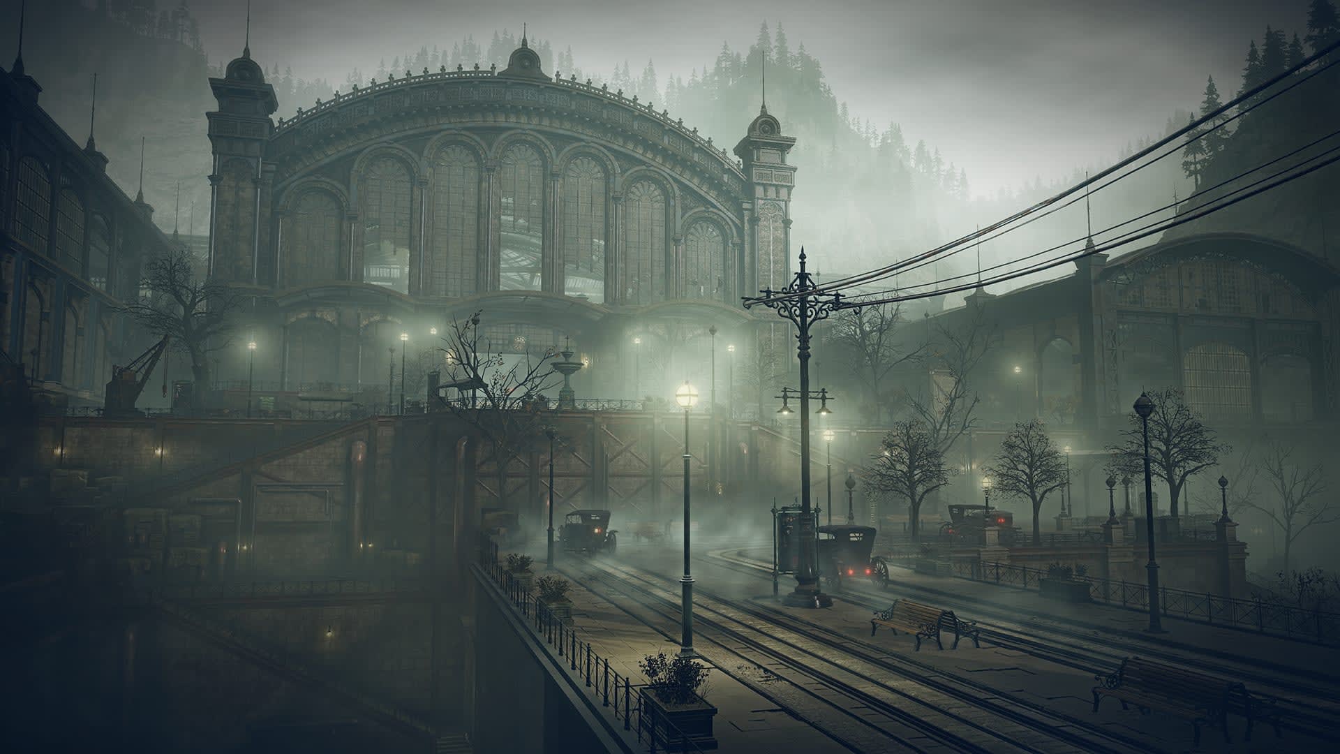 Fog-covered Victorian railway station lit by gas lamps in The Duskbloods