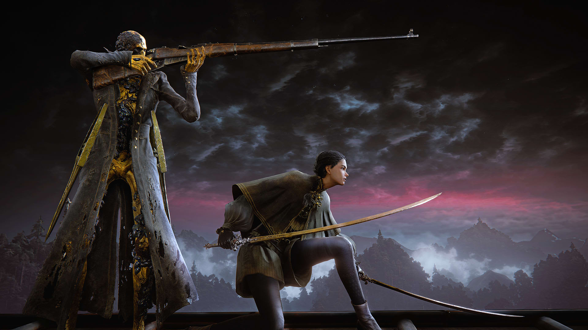 Two Bloodsworn characters, one aiming a long rifle and one crouched with a sabre, showing ranged combat in The Duskbloods