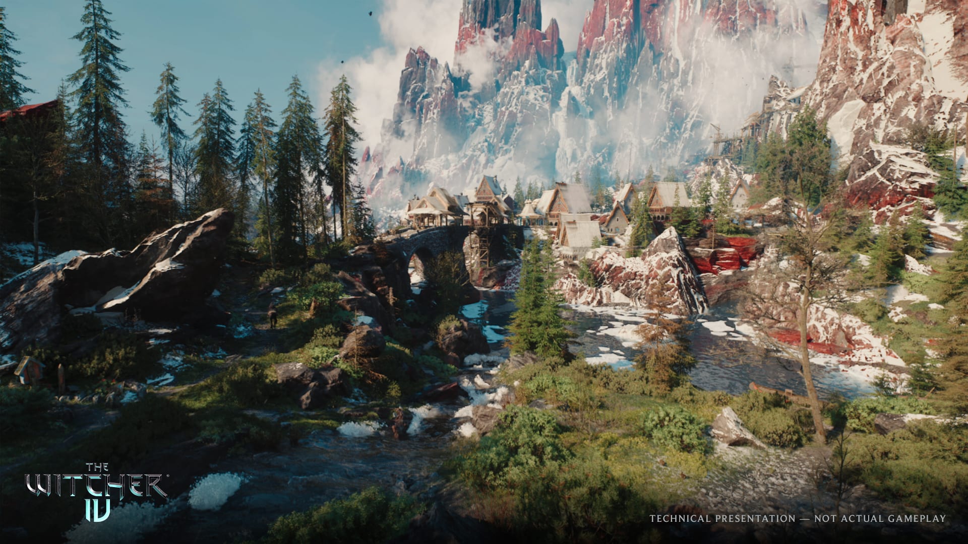 Rugged mountain and forest landscape of Kovir rendered in Unreal Engine 5 for The Witcher 4
