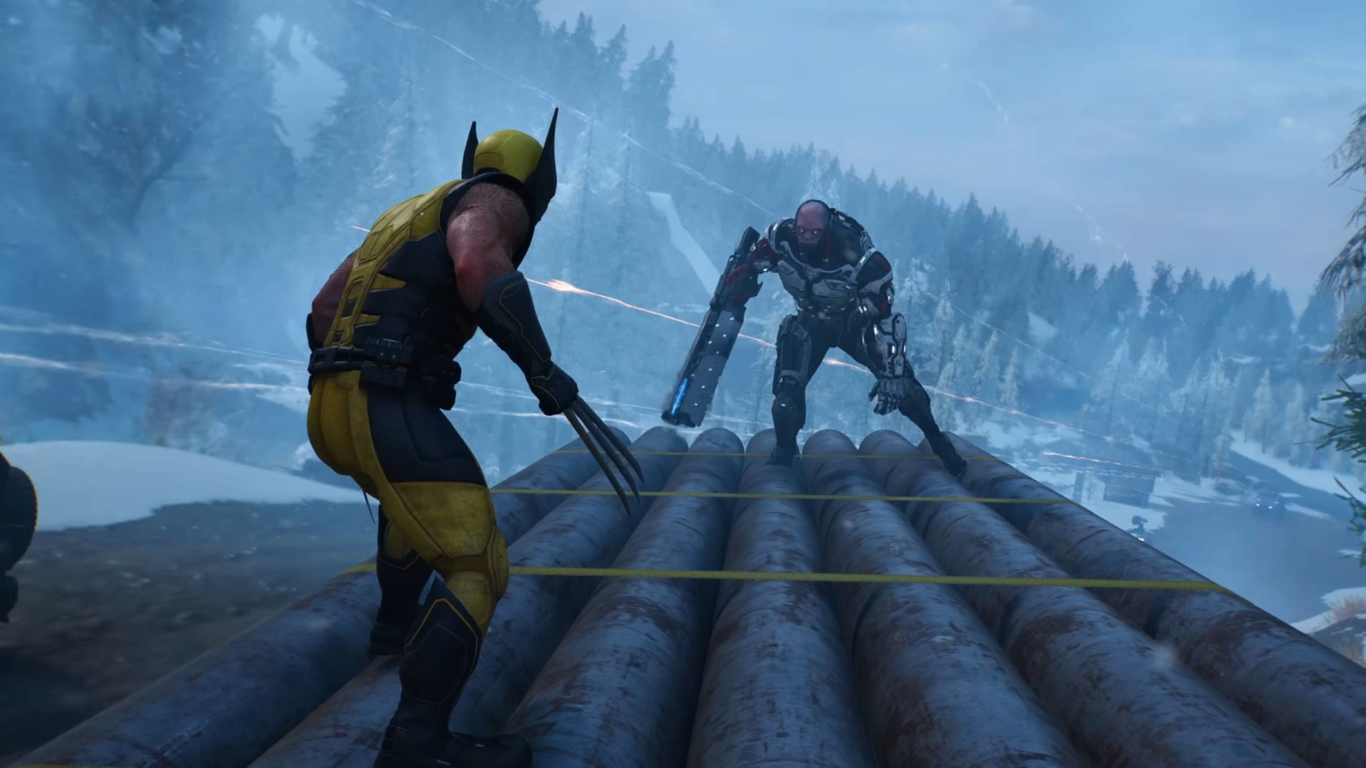 Wolverine squaring off against an armed Reaver soldier during combat in Marvel's Wolverine