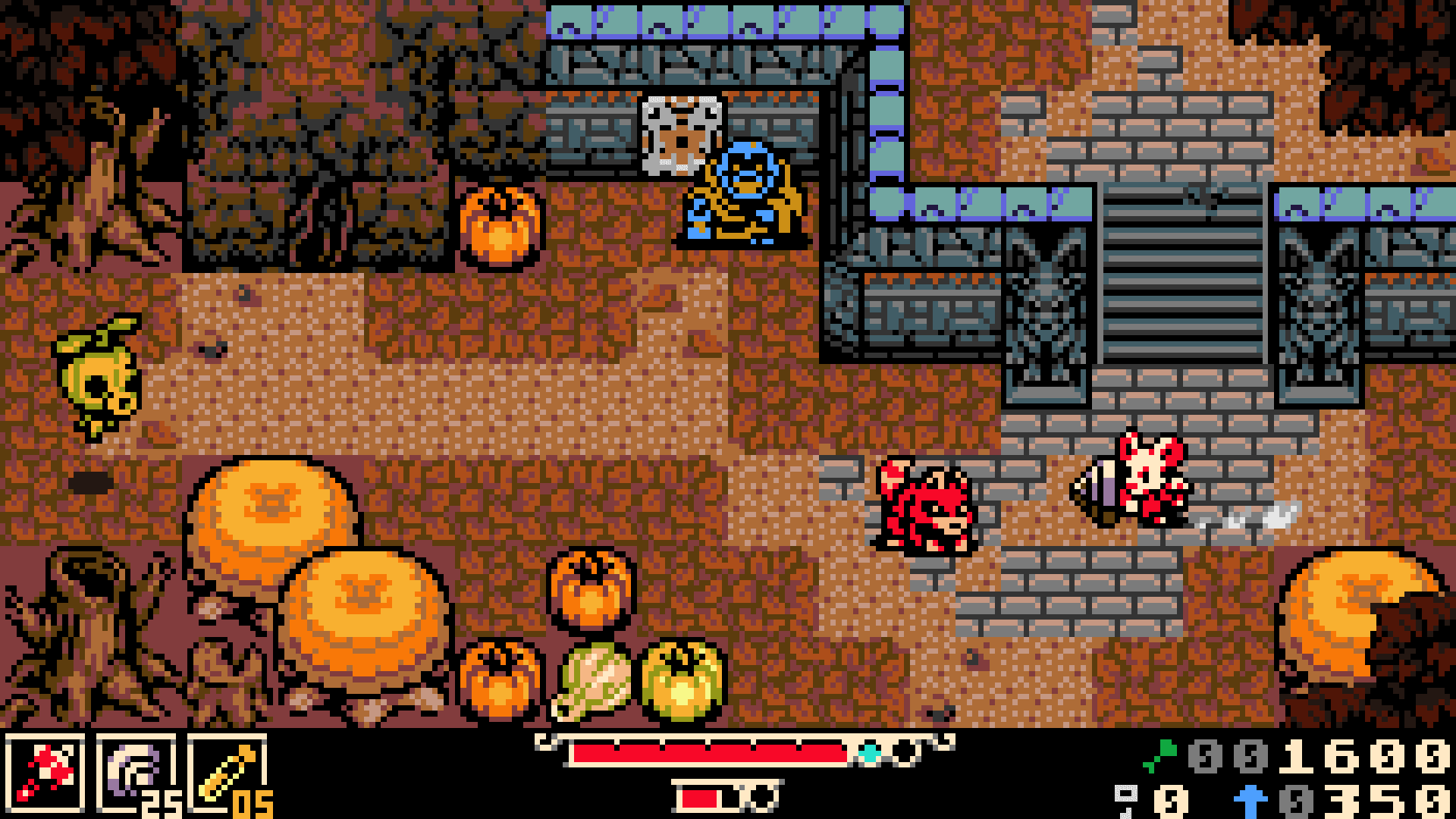 Pixel-art dungeon room with spike traps and enemies in Mina the Hollower