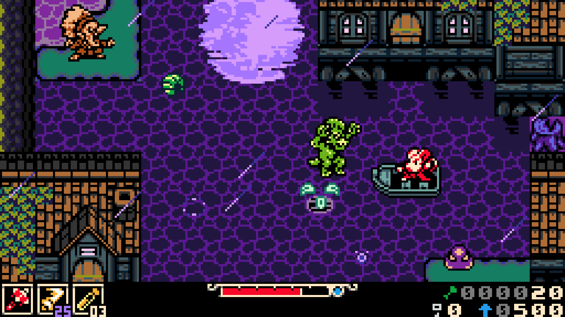 Mina attacking a group of enemies with her whip in a torch-lit chamber in Mina the Hollower