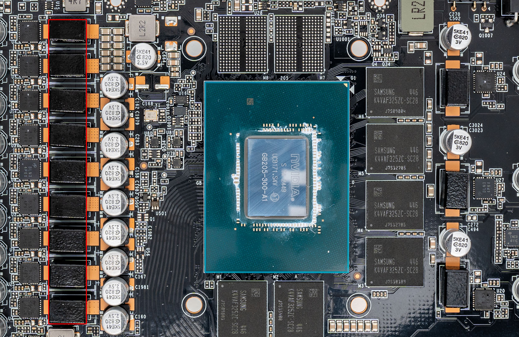 Bare graphics card board with an NVIDIA GB205 GPU die surrounded by Samsung memory chips