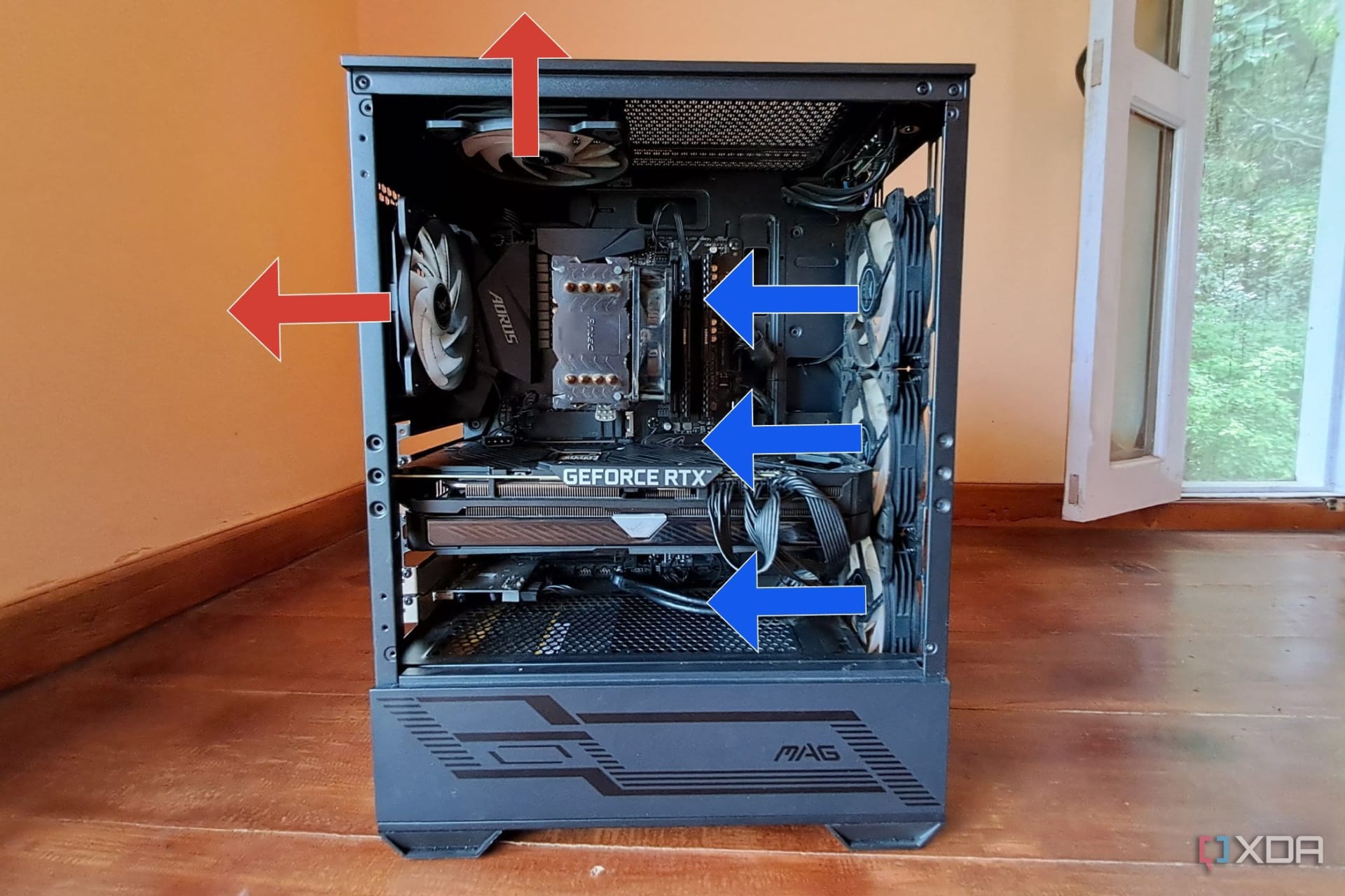 Case fans mounted as front intake and rear exhaust to set up positive-pressure airflow in a gaming PC
