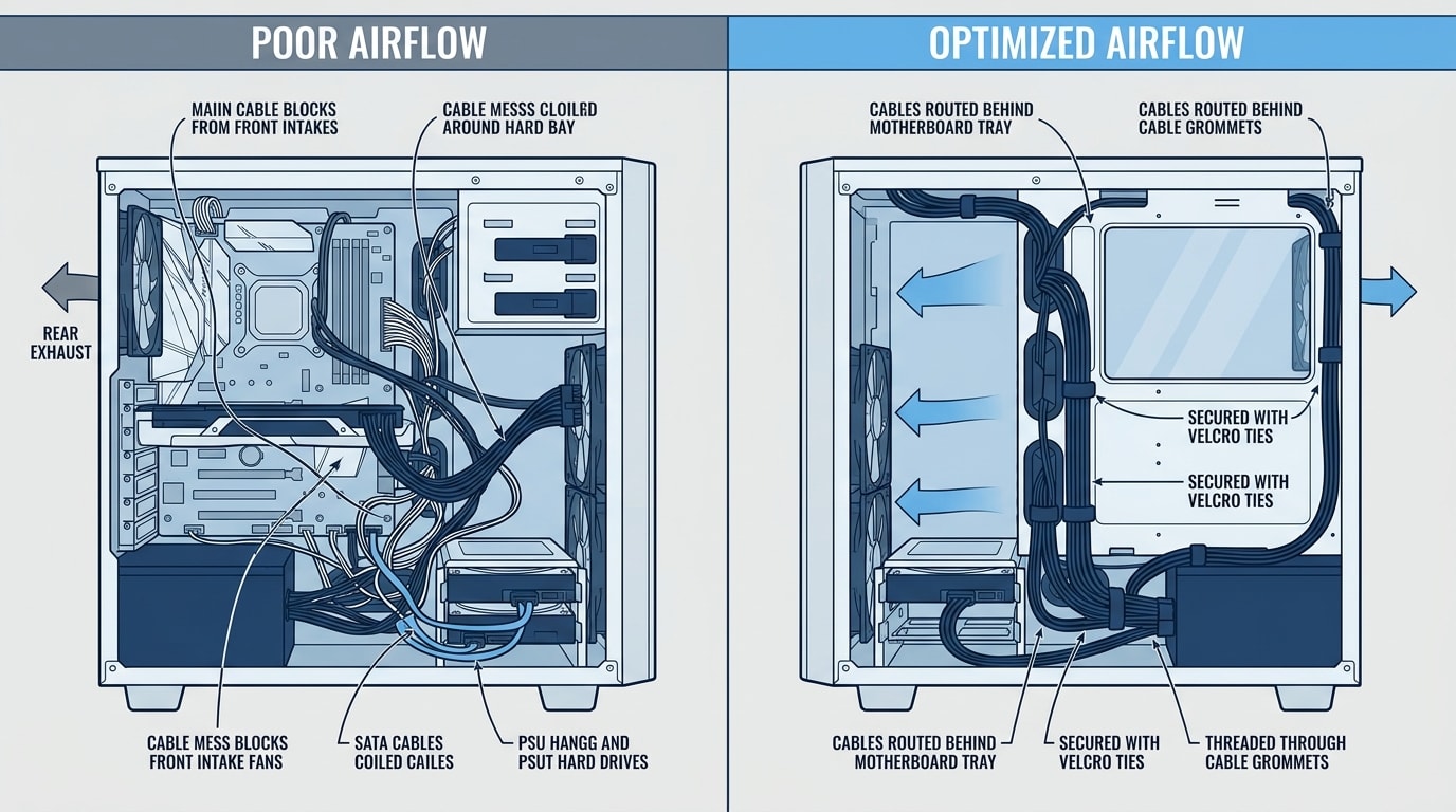 Before and after comparison of cable management behind a PC case motherboard tray