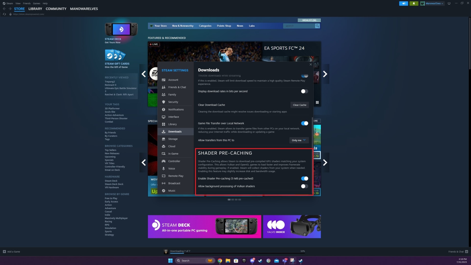 Steam shader pre-caching settings page showing the download and processing options