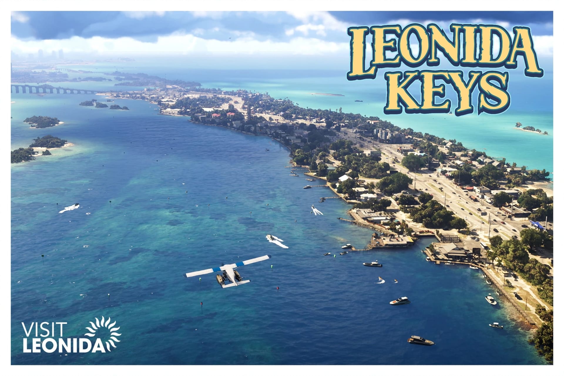 The tropical Leonida Keys region shown on a promotional postcard for Grand Theft Auto VI