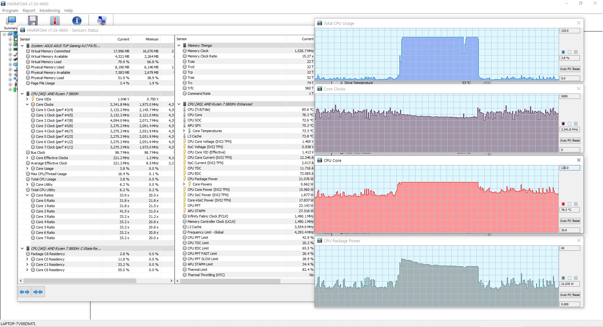 CPU temperature logged over time in HWiNFO, used to confirm whether a shutdown was thermal