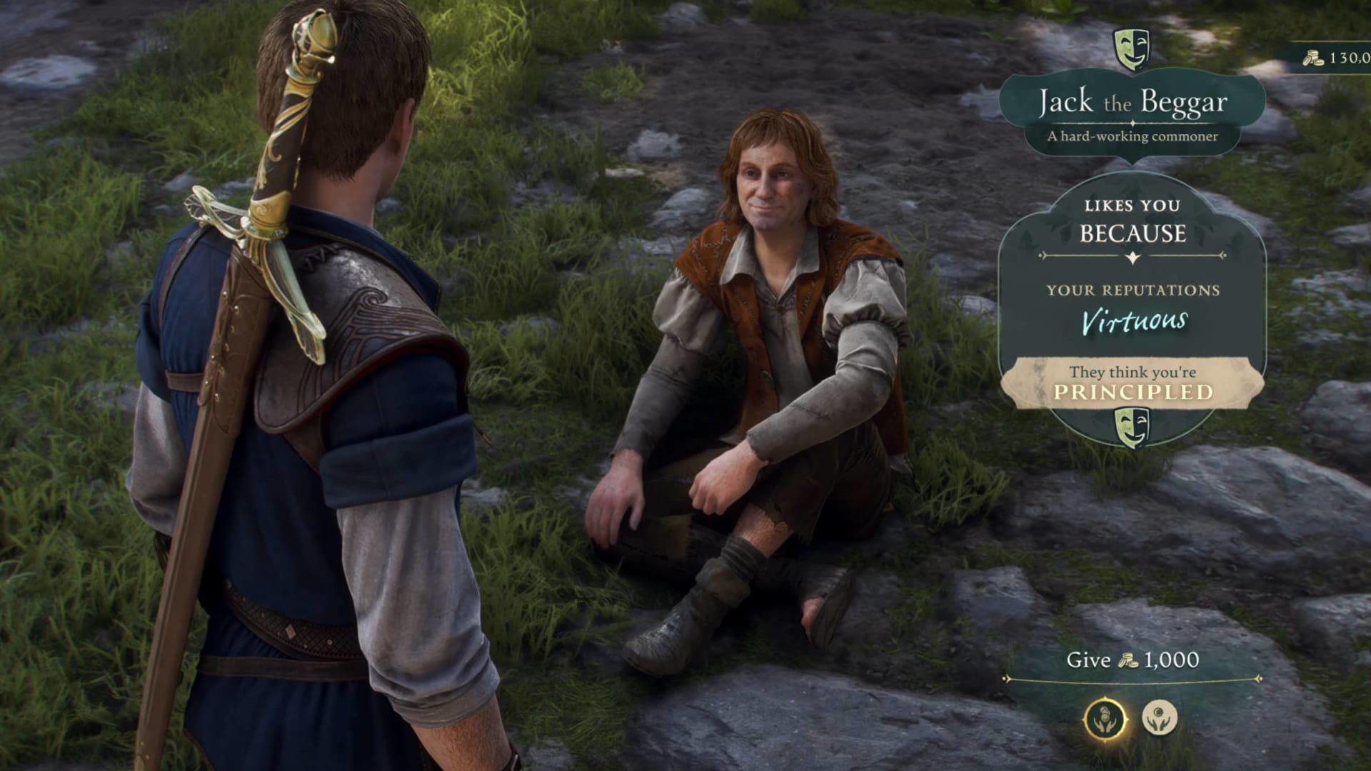 The player character speaking with a villager who reacts to their reputation in Fable
