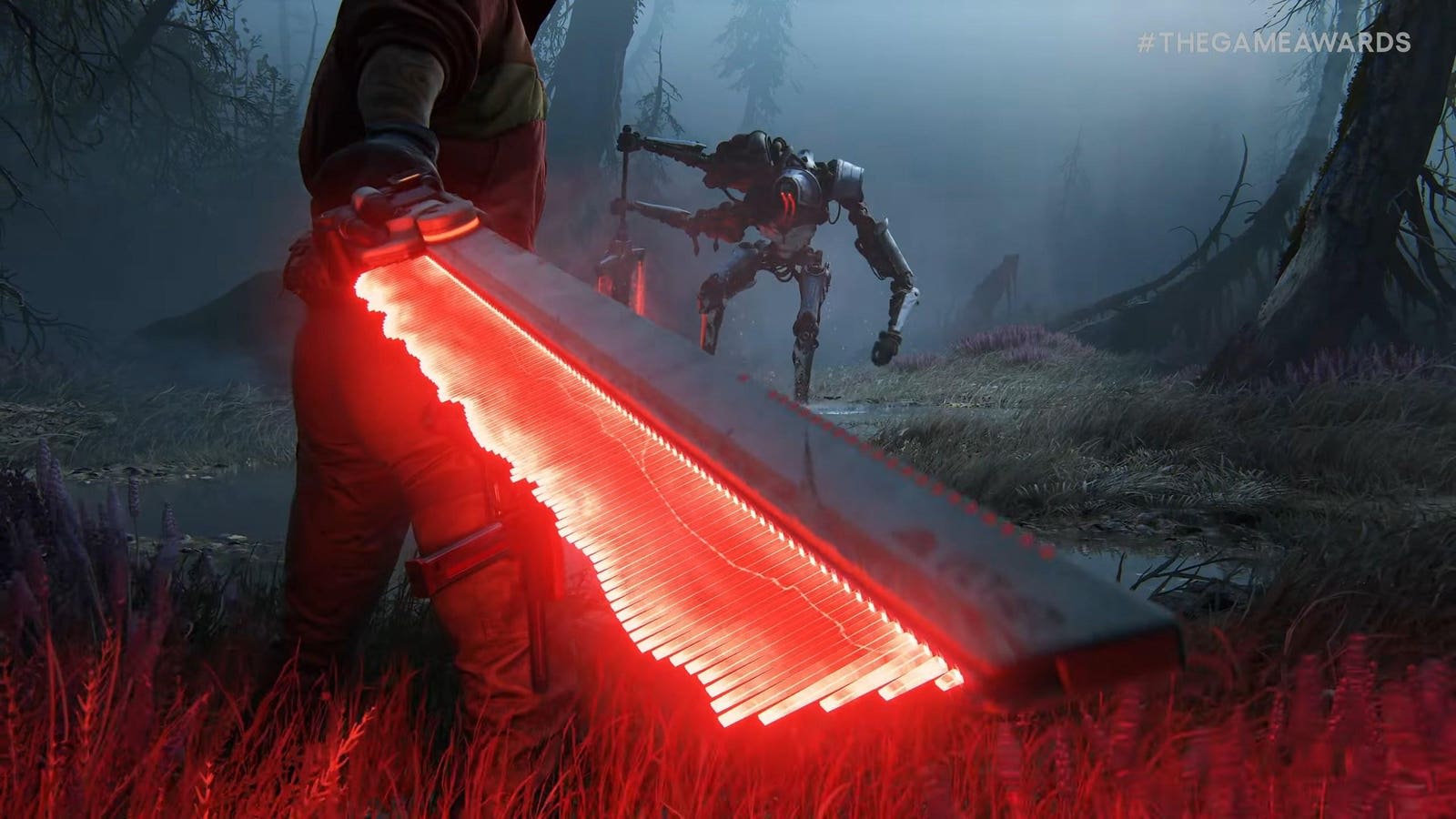 Jordan Mun holding a glowing red energy sword before a robot encounter in Intergalactic The Heretic Prophet