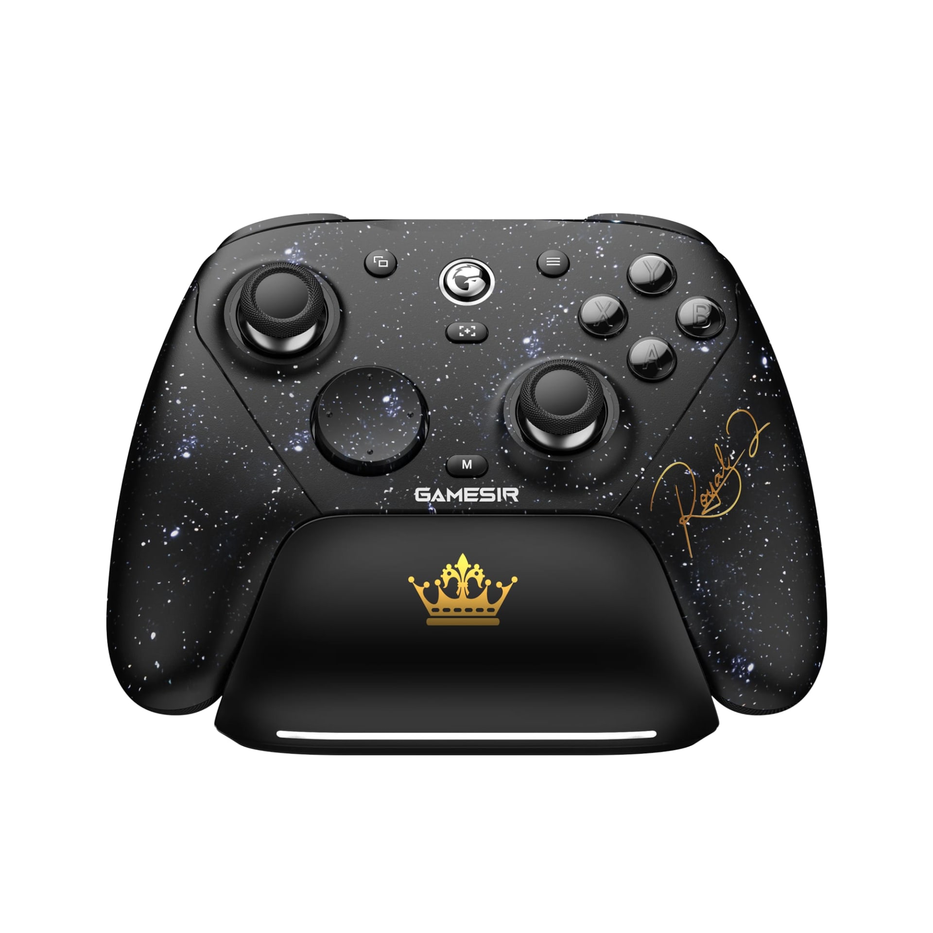 Close view of a third-party esports controller advertising TMR magnetic thumbsticks and Hall effect triggers