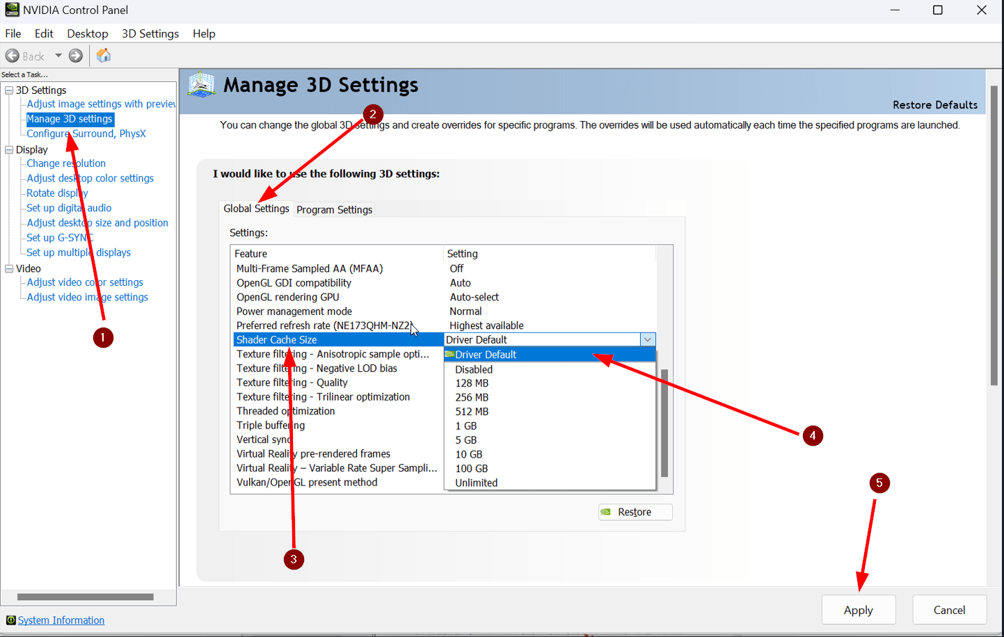 NVIDIA Control Panel Manage 3D Settings page where the shader cache size value is raised or reset